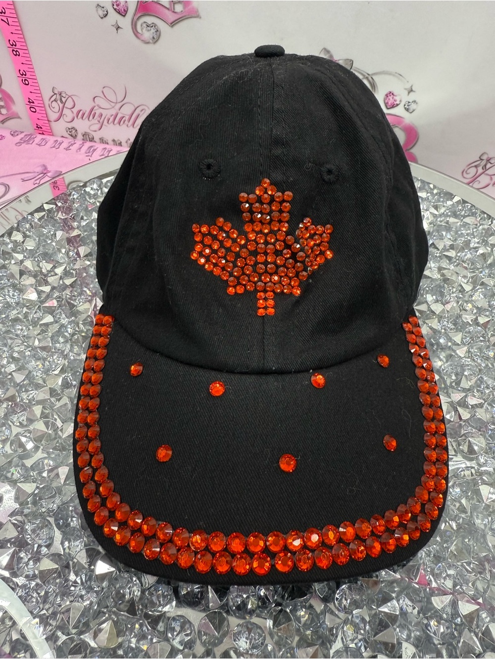 Hat Black Baseball Cap red jewel Crystal Maple Leaf Accent rhinestone